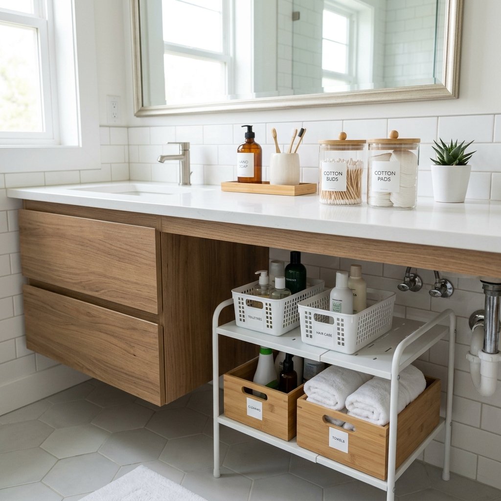 Wall-hung bathroom vanity with a quartz countertop and open floor beneath