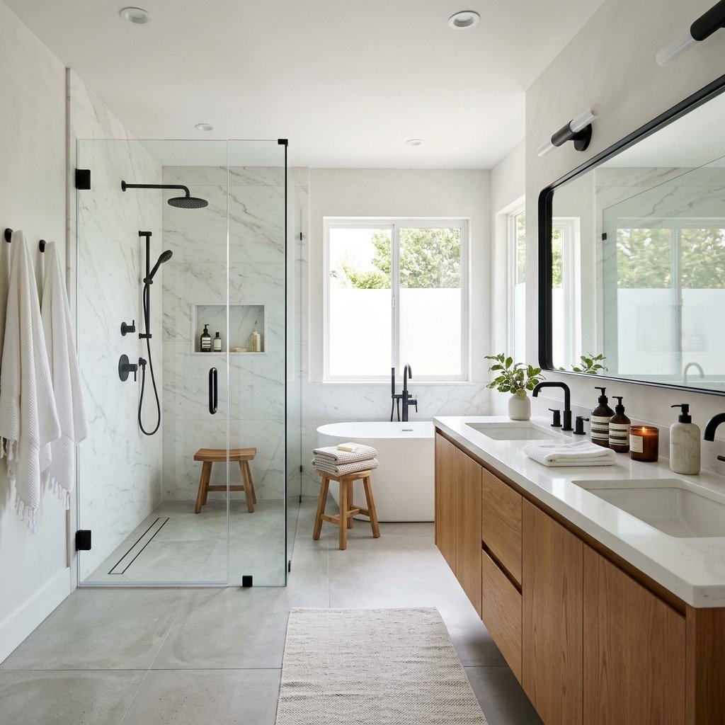 Matte black rainfall shower head installed in a tiled walk-in shower